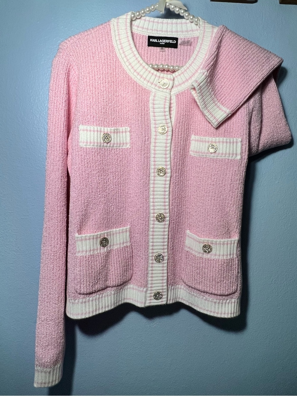 Karl Lagerfeld Pink and White Trim Button-Front Knit Cardigan